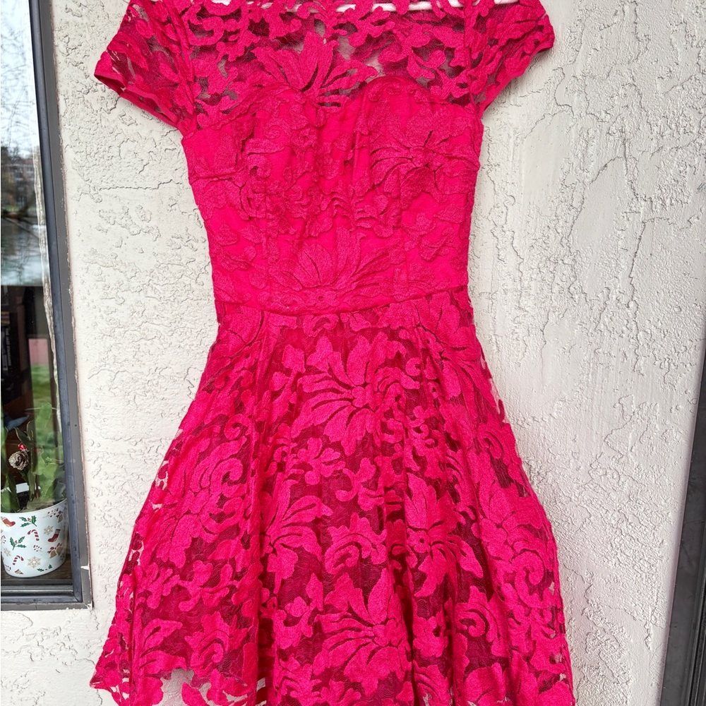 Ted Baker Layered Elegant Fuchsia Lace Dress Embrodery Flower Vibrant Luxury
